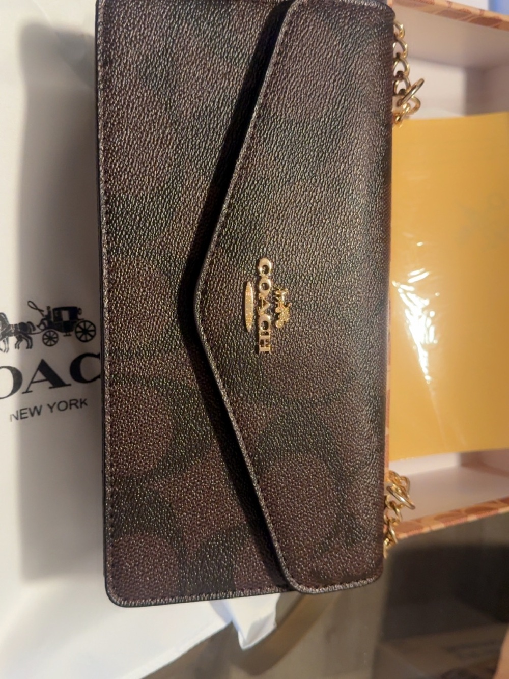 Coach Dark Brown Signature Envelope Chain Crossbody
